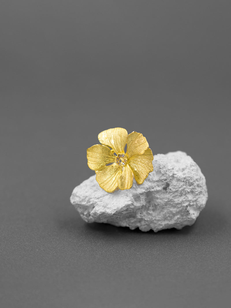 Peony Flower Ring-Sterling Silver Blossom Flower Open Adjustable Ring-Zircon Flower-Floral Silver Jewelry-Gift for her