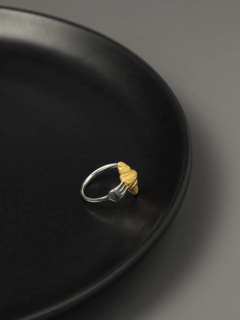 Croissant Fork Ring-Sterling Silver Gold Croissant Fork Adjustable Ring-Two Tone-Minimalist Silver Jewelry-Gift for her