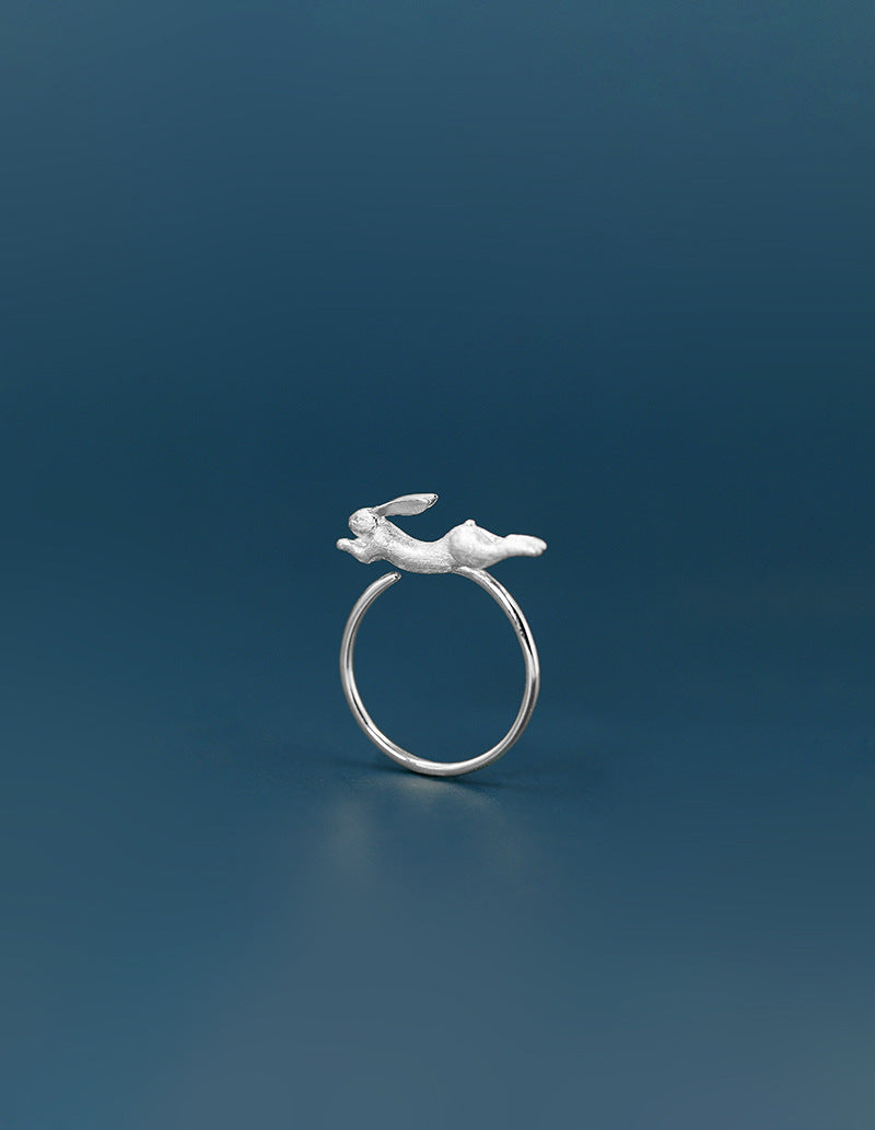 Running Rabbit Charm Ring-Sterling Silver Ribbit Open Ring-Long Ear-Cute Animal Jewelry-Gift for her