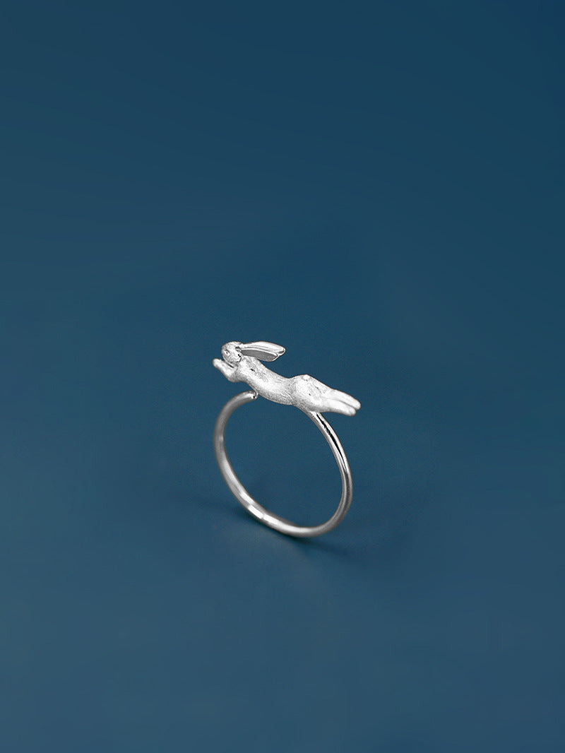Running Rabbit Charm Ring-Sterling Silver Ribbit Open Ring-Long Ear-Cute Animal Jewelry-Gift for her
