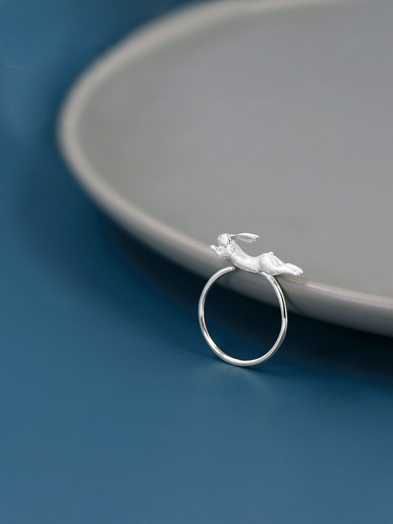 Running Rabbit Charm Ring-Sterling Silver Ribbit Open Ring-Long Ear-Cute Animal Jewelry-Gift for her