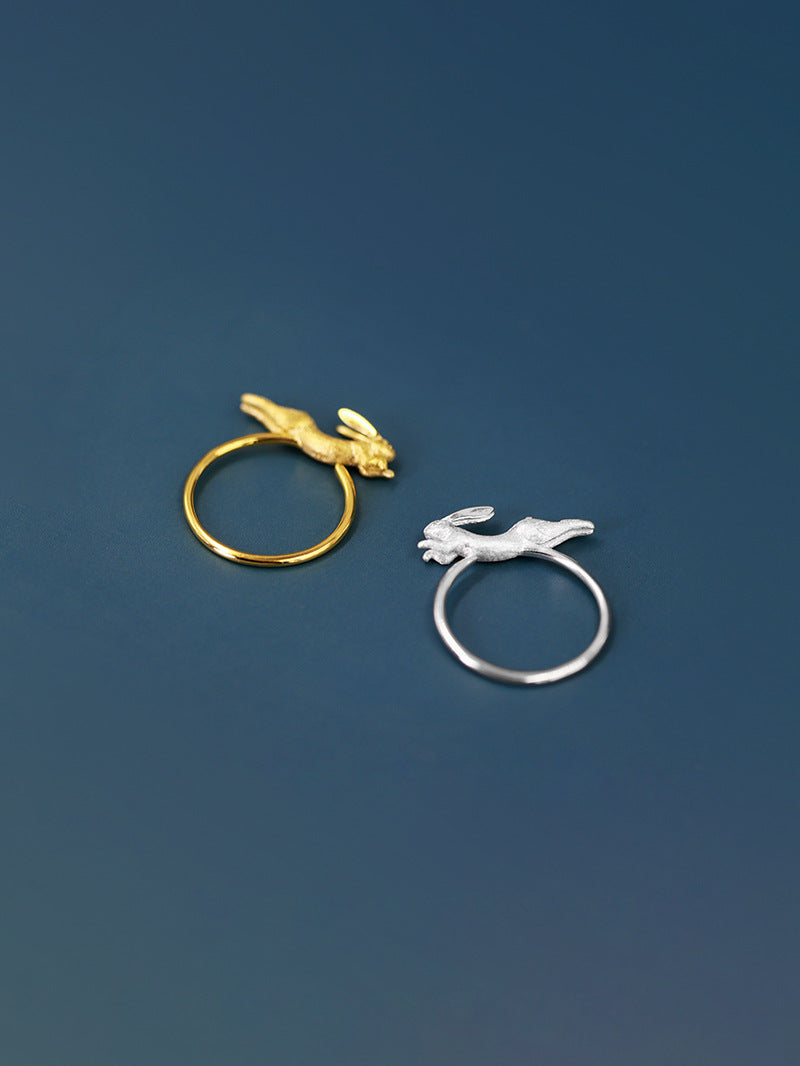 Running Rabbit Charm Ring-Sterling Silver Ribbit Open Ring-Long Ear-Cute Animal Jewelry-Gift for her