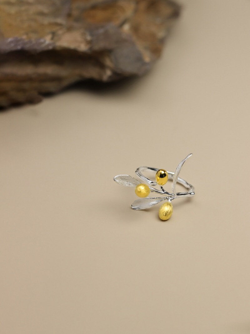 Olive Leaf Branch Ring-Sterling Silver Olive Twig Open Ring-Gold Fruit-Silver Plant Jewelry-Gift for her