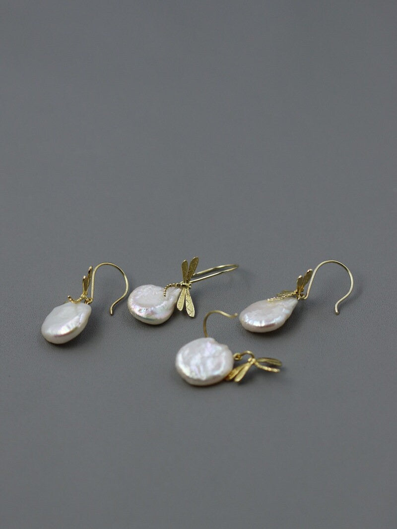 Baroque Pearl Earrings-Sterling Silver Golden Dragonfly Pearl Hook Earrings-Teardrop Pearl-Silver Pearl Jewelry-Gift for her cindysilverstudio