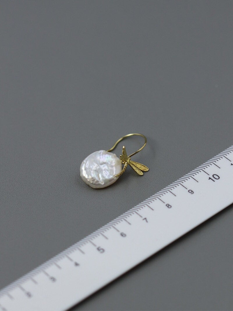 Baroque Pearl Earrings-Sterling Silver Golden Dragonfly Pearl Hook Earrings-Teardrop Pearl-Silver Pearl Jewelry-Gift for her cindysilverstudio