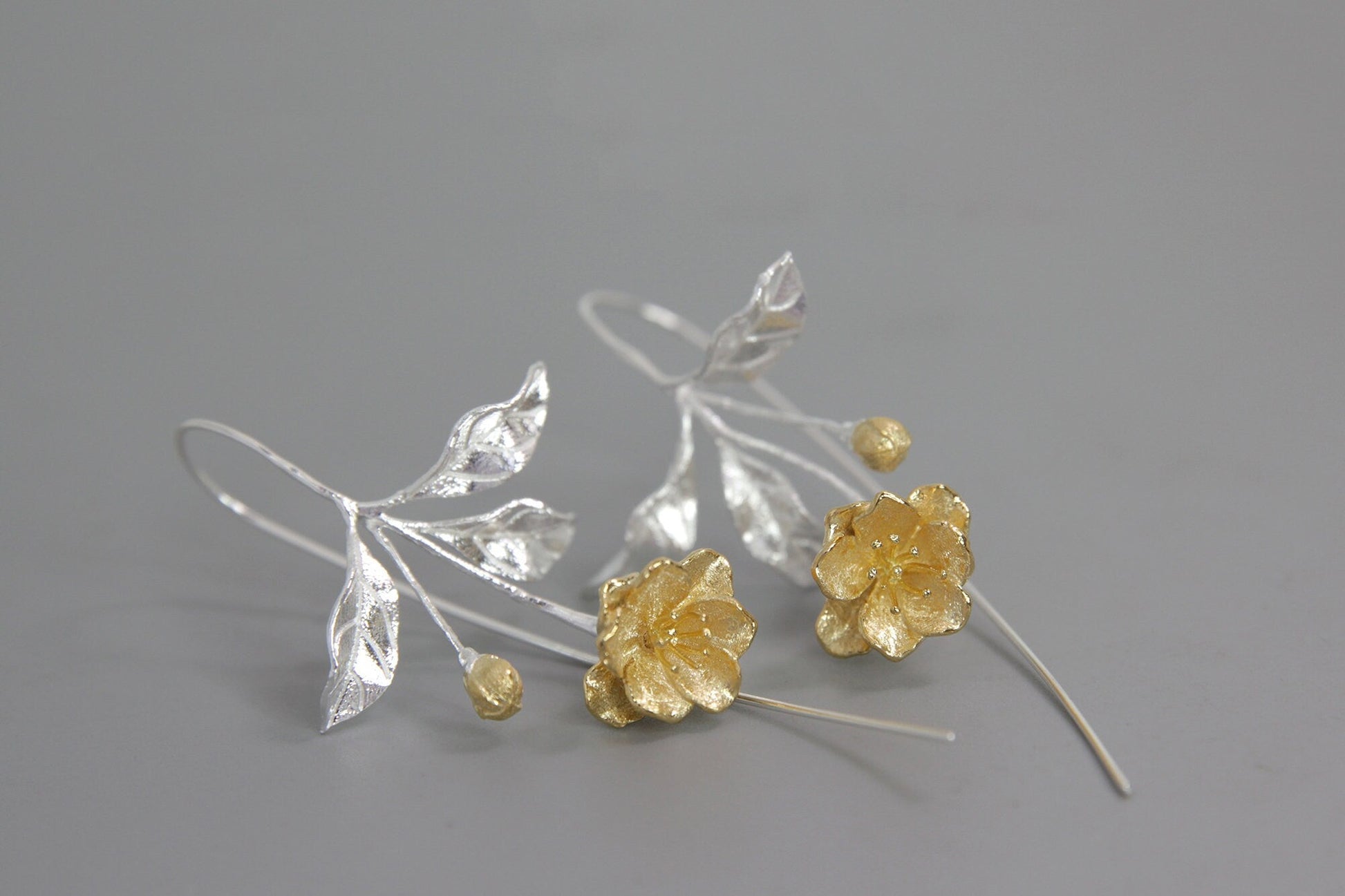 Begonia Flower Earring-Sterling Silver Blossom Flower Dangle Earring-Gold Flower Silver Leaf-Floral Jewelry-Bridesmaid gifts-Gift for her cindysilverstudio