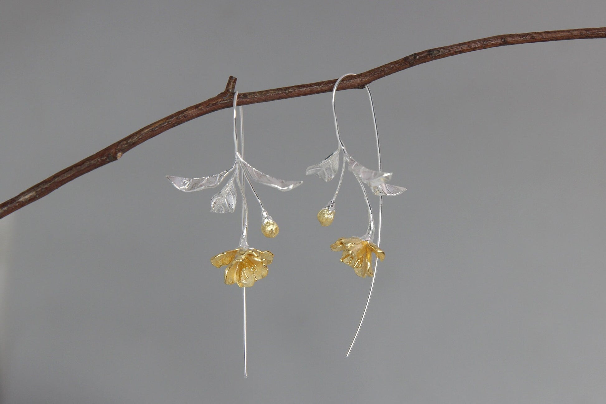 Begonia Flower Earring-Sterling Silver Blossom Flower Dangle Earring-Gold Flower Silver Leaf-Floral Jewelry-Bridesmaid gifts-Gift for her cindysilverstudio