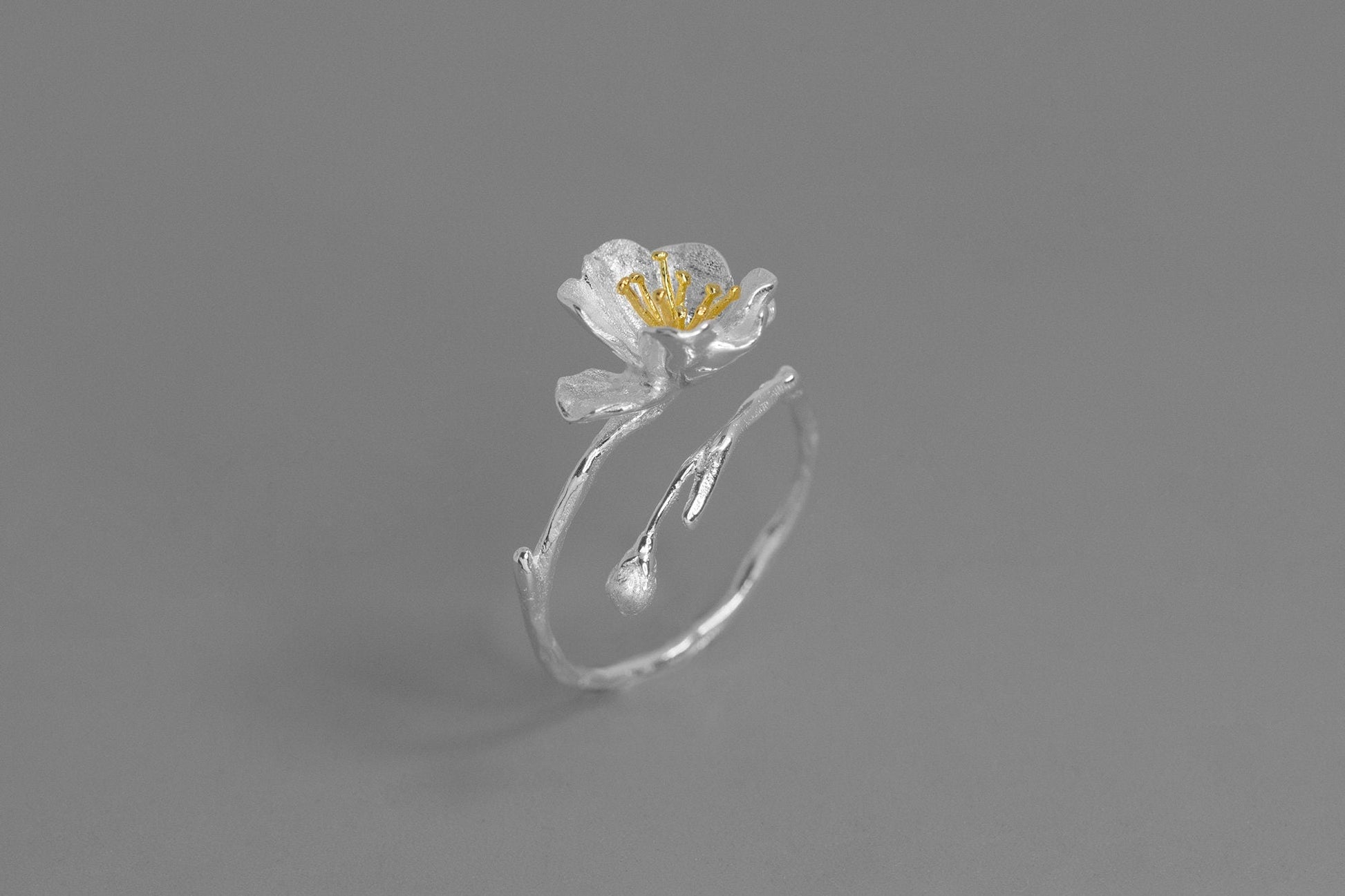 Begonia Flower Ring-Sterling Silver Blossom Flower Open Ring-Silver Bud Twig-Floral Jewelry-Bridesmaid gifts-Gift for her cindysilverstudio