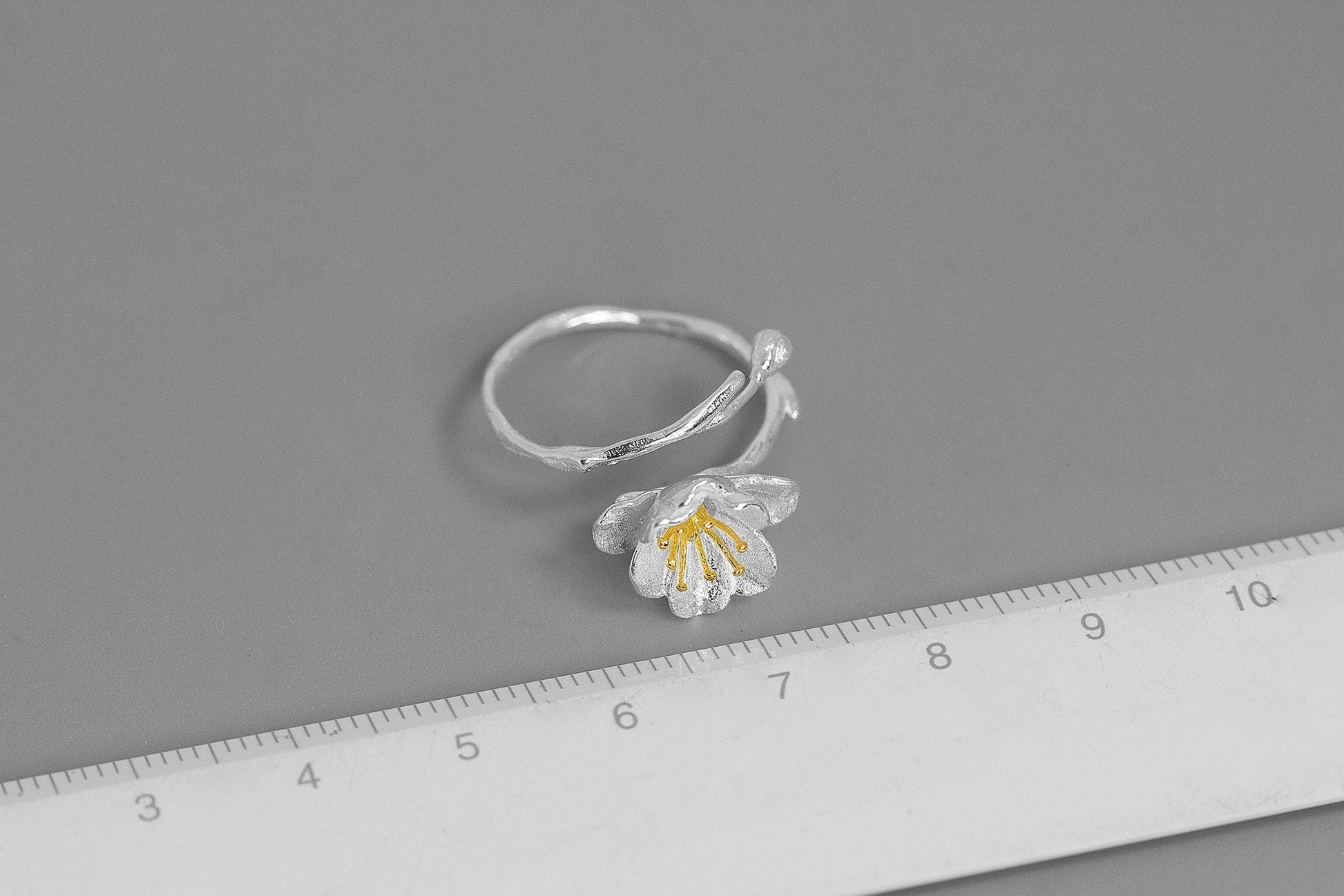 Begonia Flower Ring-Sterling Silver Blossom Flower Open Ring-Silver Bud Twig-Floral Jewelry-Bridesmaid gifts-Gift for her cindysilverstudio