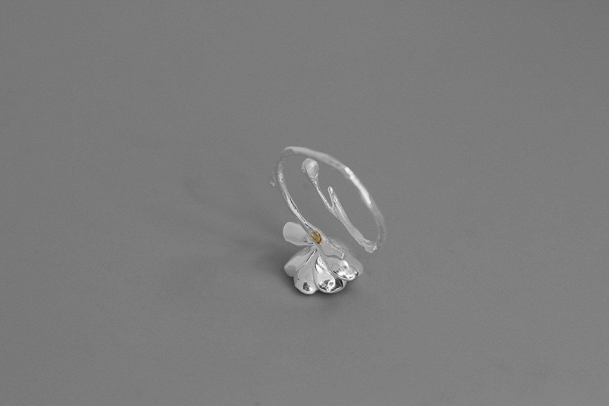 Begonia Flower Ring-Sterling Silver Blossom Flower Open Ring-Silver Bud Twig-Floral Jewelry-Bridesmaid gifts-Gift for her cindysilverstudio