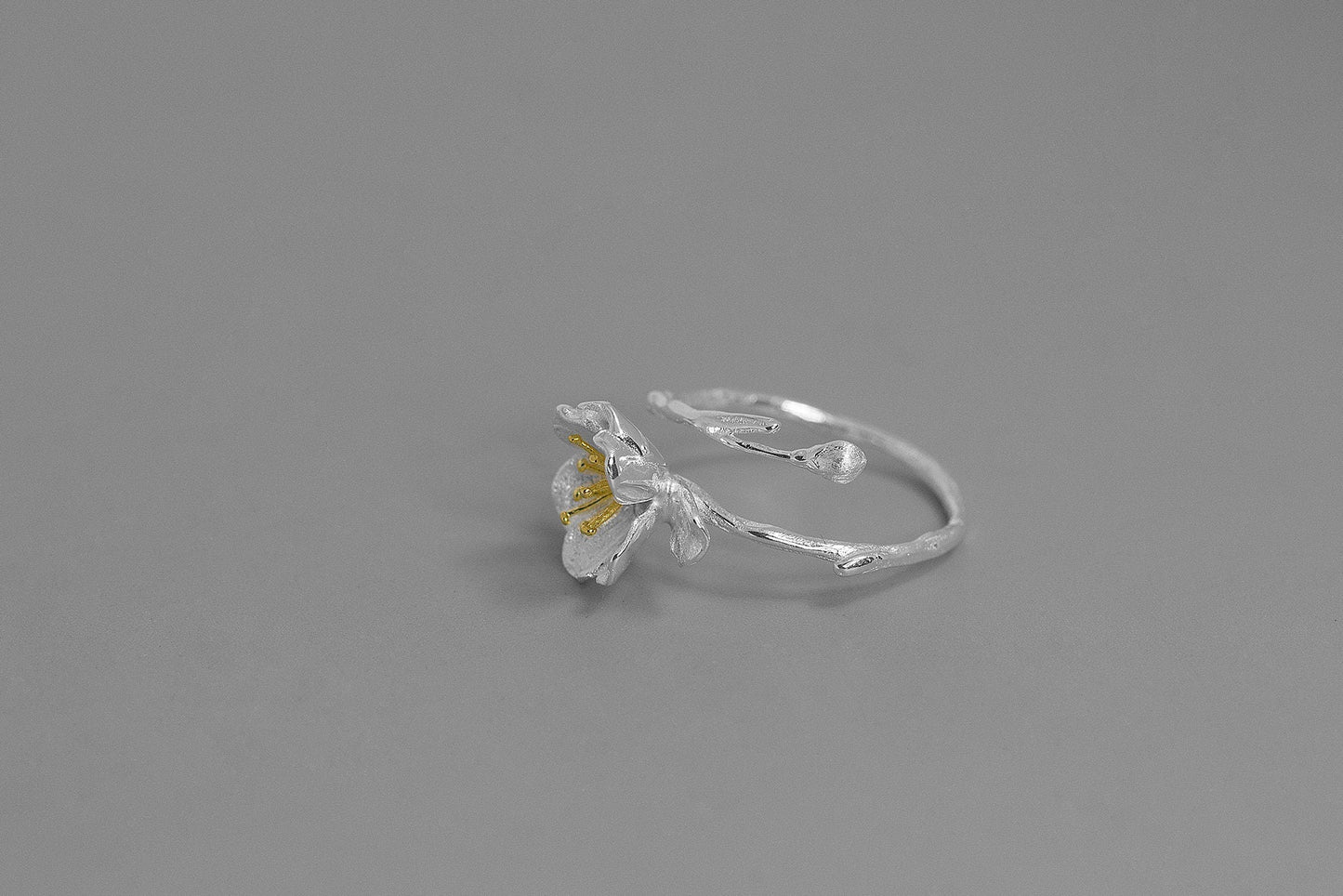 Begonia Flower Ring-Sterling Silver Blossom Flower Open Ring-Silver Bud Twig-Floral Jewelry-Bridesmaid gifts-Gift for her cindysilverstudio