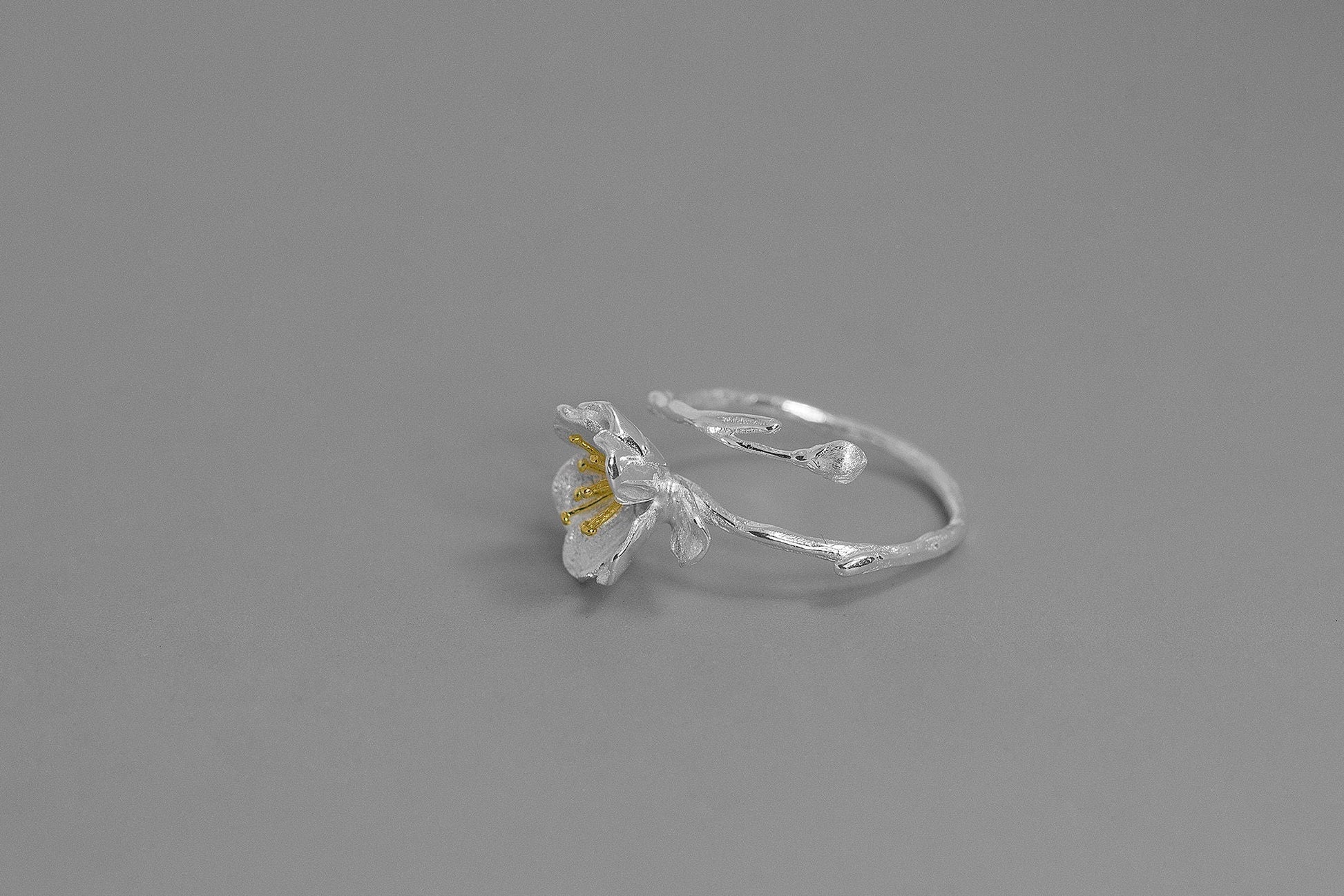 Begonia Flower Ring-Sterling Silver Blossom Flower Open Ring-Silver Bud Twig-Floral Jewelry-Bridesmaid gifts-Gift for her cindysilverstudio