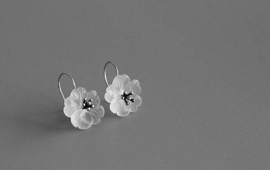 Cherry Blossom Earrings Crystal Flower Sterling Silver Stamens Charm Dangle Earrings Flower In The Rain For Women Exclusive Design cindysilverstudio