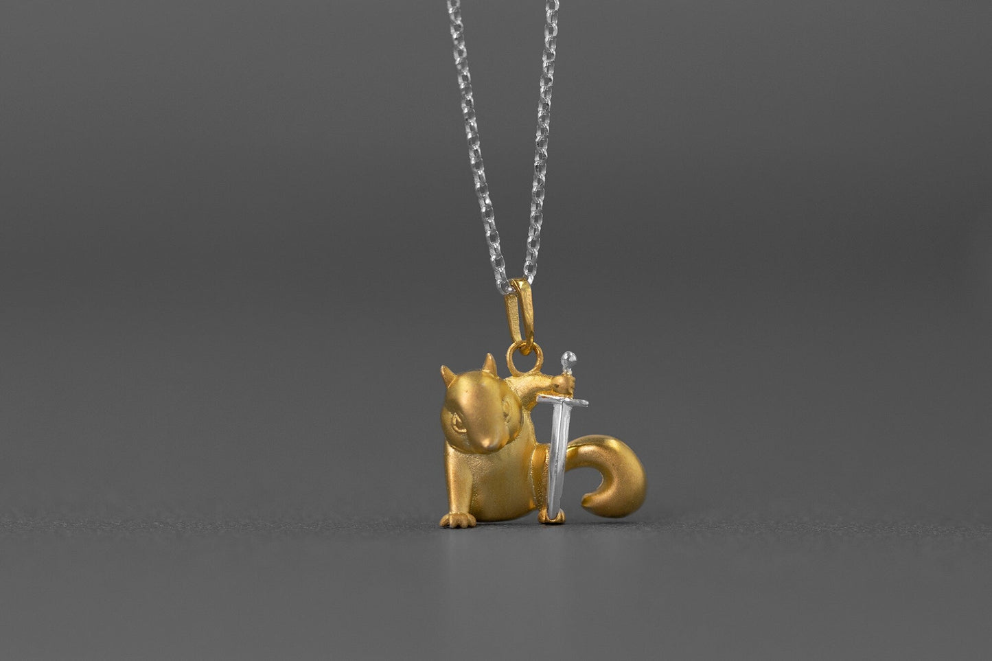 Cute Squirrel Charm Necklace-Sterling Silver Squirrel Hold Sword Pendant-Gold Sword-Cartoon Animal Jewelry-Gift for her cindysilverstudio