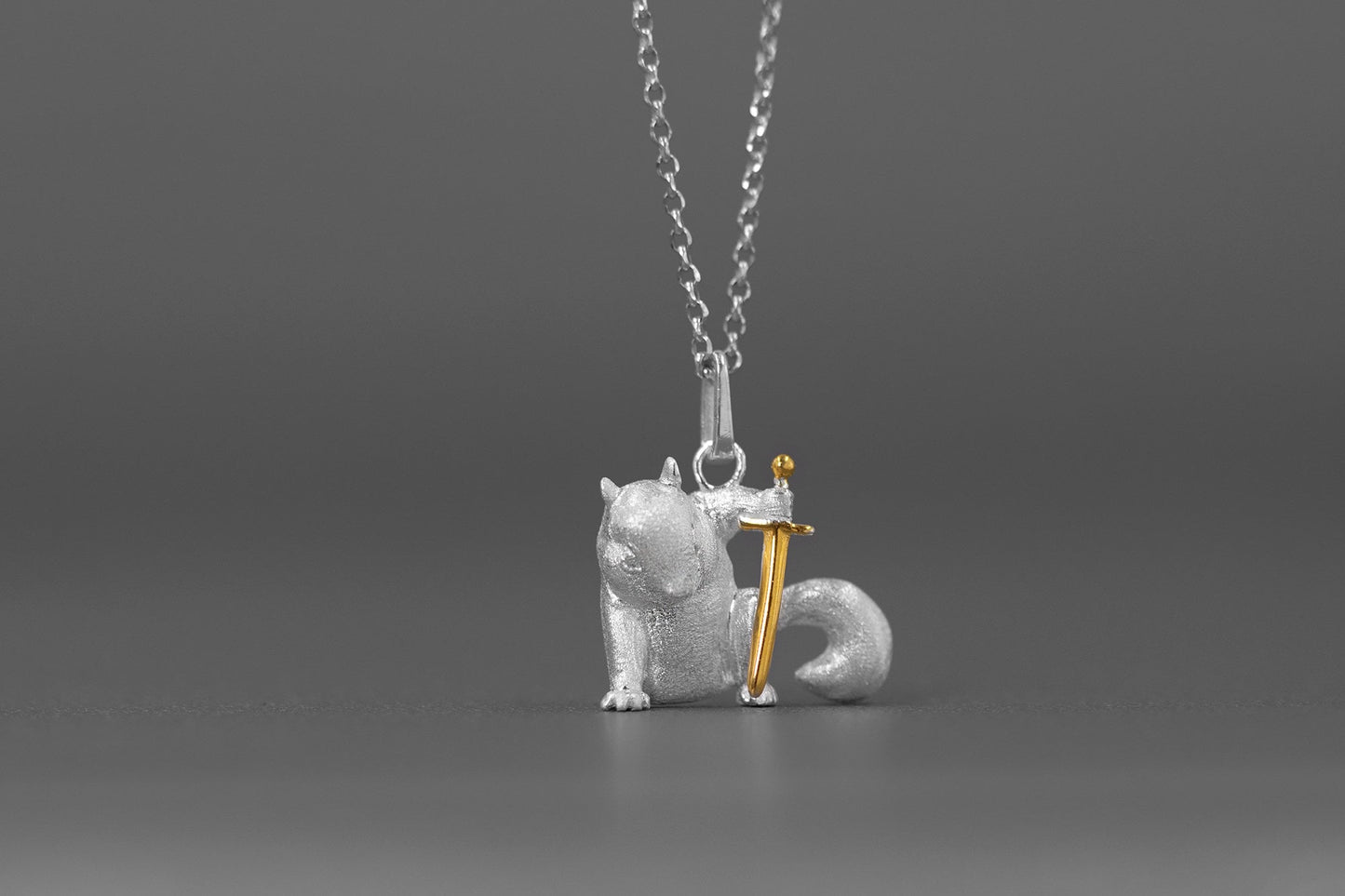 Cute Squirrel Charm Necklace-Sterling Silver Squirrel Hold Sword Pendant-Gold Sword-Cartoon Animal Jewelry-Gift for her cindysilverstudio