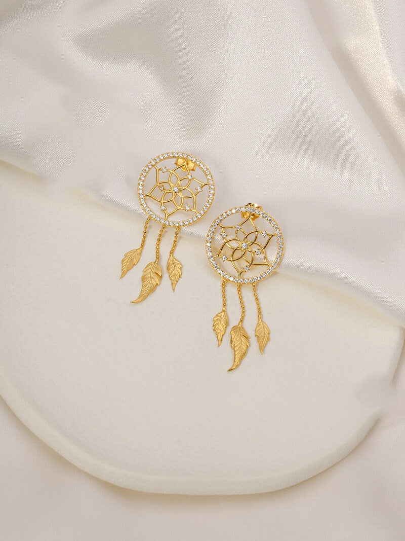 Dream Catcher Earrings-Sterling Silver Zircon Round Stud Earrings-Gold Silver Tone-Dream Catcher Silver Jewelry-Gift for her cindysilverstudio