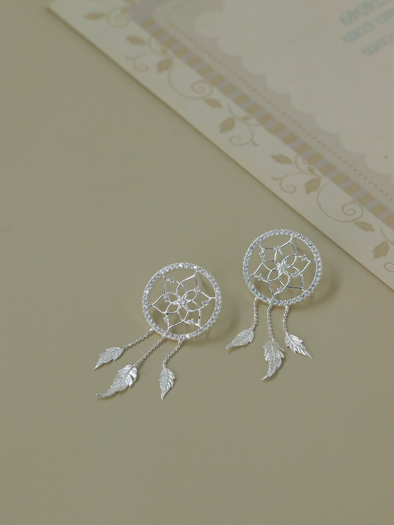 Dream Catcher Earrings-Sterling Silver Zircon Round Stud Earrings-Gold Silver Tone-Dream Catcher Silver Jewelry-Gift for her cindysilverstudio