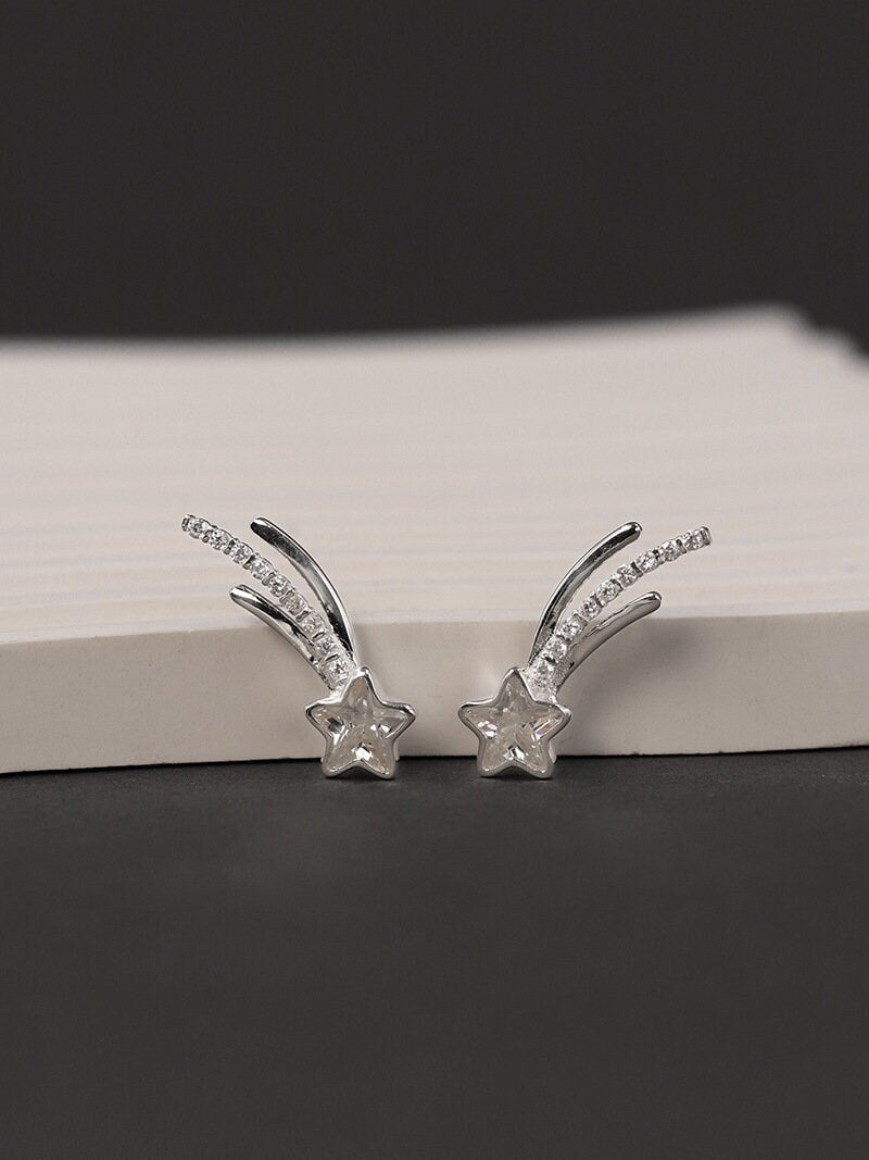 Falling Star Earrings-Sterling Silver Sparkling Star Stud Earrings-Zircon Star-Silver Zircon Jewelry-Gift for her cindysilverstudio