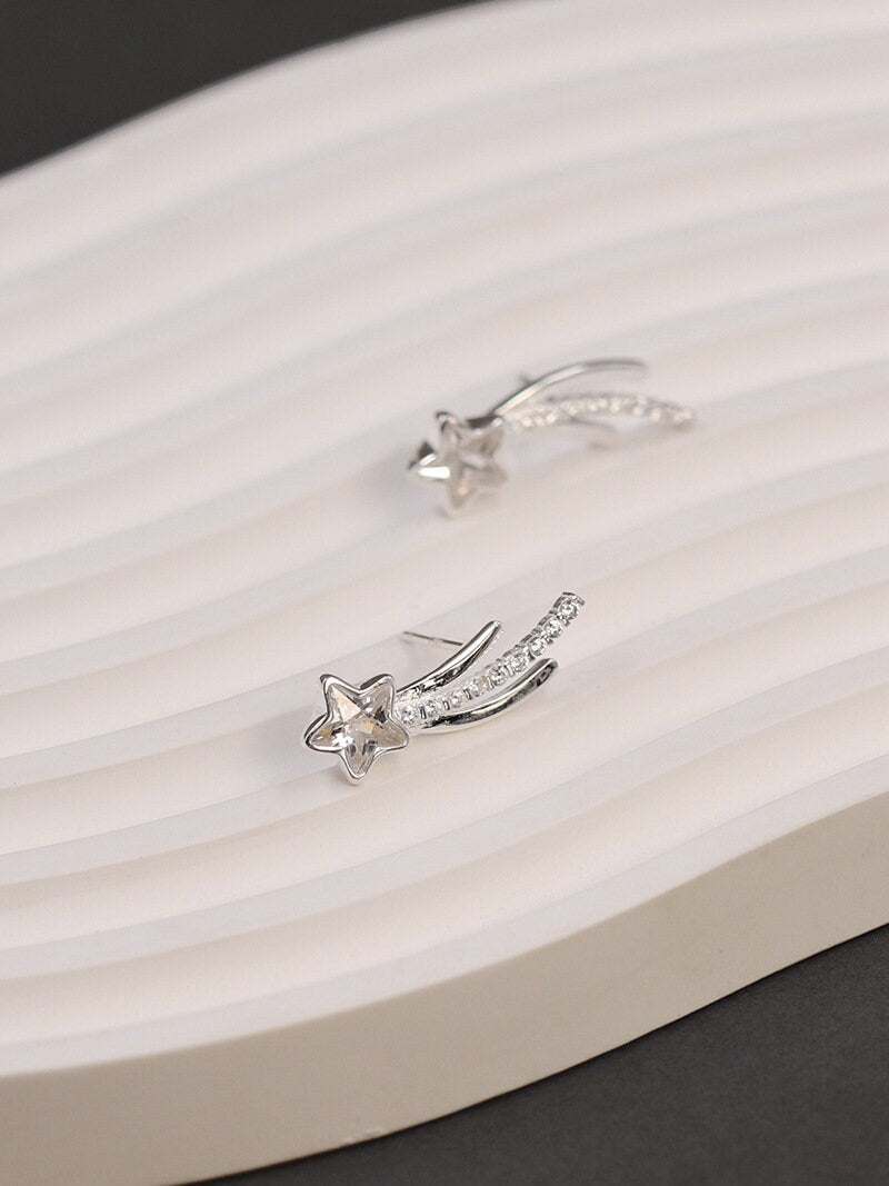 Falling Star Earrings-Sterling Silver Sparkling Star Stud Earrings-Zircon Star-Silver Zircon Jewelry-Gift for her cindysilverstudio