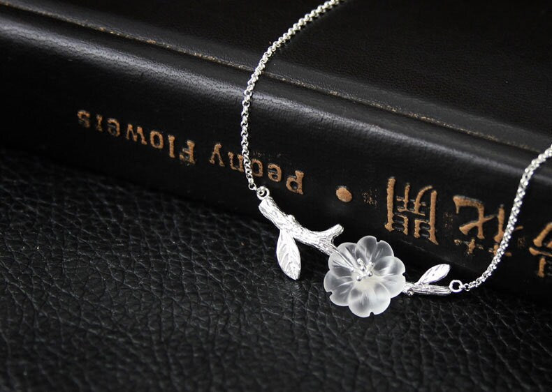 Flower in the rain Cherry Blossom Bar Twig Necklace Crystal Flower Shiny Silver Twig Necklace Exclusive design for women gift for her cindysilverstudio