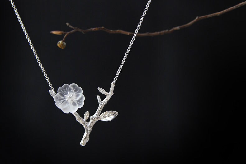 Flower in the rain Cherry Blossom Y Shape Twig Necklace Crystal Flower Shiny Silver Twig Necklace Exclusive design for women gift for her cindysilverstudio