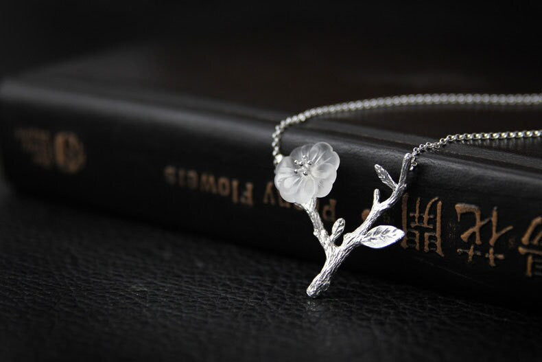 Flower in the rain Cherry Blossom Y Shape Twig Necklace Crystal Flower Shiny Silver Twig Necklace Exclusive design for women gift for her cindysilverstudio