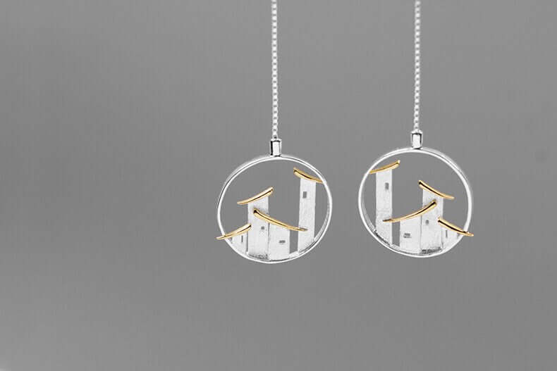 Folk Houses Earrings-Sterling Silver House Charm Hoop Earrings-House Wall-Landscape Art Jewelry-Gift For her cindysilverstudio