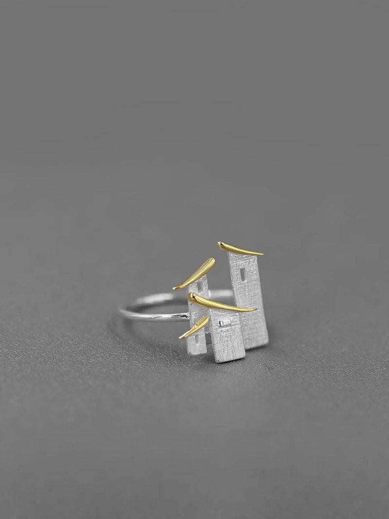 Folk Houses Ring-Sterling Silver House Charm Open Ring-House Wall-Landscape Art Jewelry-Gift For her cindysilverstudio