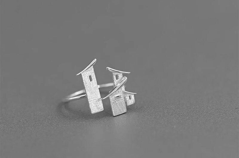 Folk Houses Ring-Sterling Silver House Charm Open Ring-House Wall-Landscape Art Jewelry-Gift For her cindysilverstudio