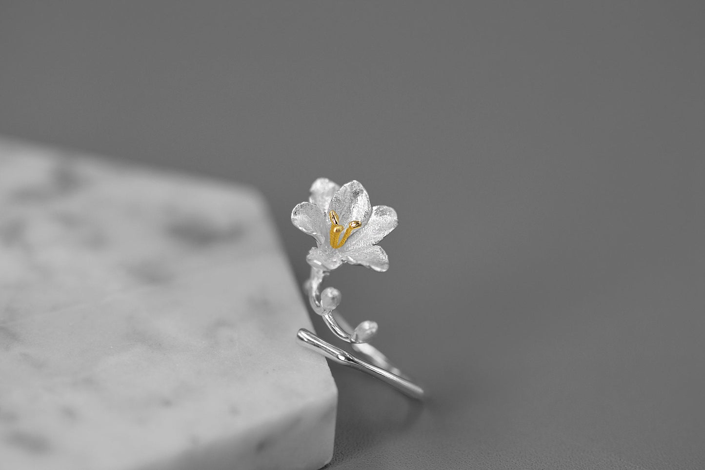 Freesia Flower Ring-Sterling Silver Freesia Flower Open Ring-Spring Flower-Dainty Floral Jewelry-Mother's Day Gift cindysilverstudio