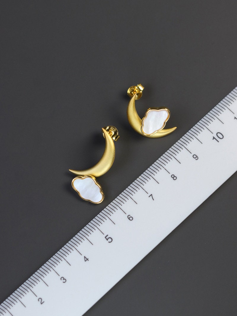 Gold Moon Earrings-Sterling Silver Crescent Cloud Stud Earrings-Gold Crescent-Fashion Silver Jewelry-Gift for her cindysilverstudio