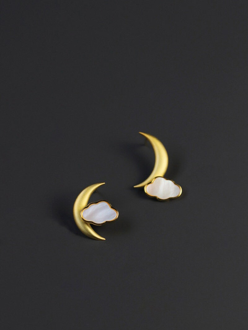 Gold Moon Earrings-Sterling Silver Crescent Cloud Stud Earrings-Gold Crescent-Fashion Silver Jewelry-Gift for her cindysilverstudio