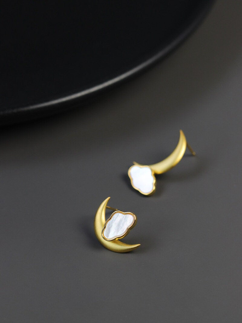 Gold Moon Earrings-Sterling Silver Crescent Cloud Stud Earrings-Gold Crescent-Fashion Silver Jewelry-Gift for her cindysilverstudio