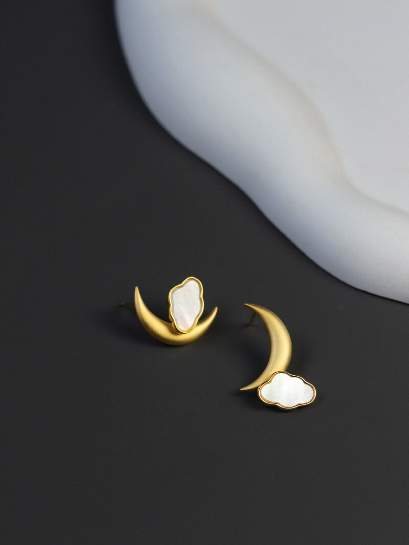 Gold Moon Earrings-Sterling Silver Crescent Cloud Stud Earrings-Gold Crescent-Fashion Silver Jewelry-Gift for her cindysilverstudio