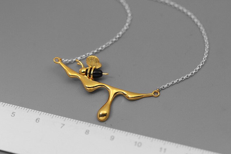 Honey And Bee Charm Necklace-Sterling Silver Honeybee Necklace-Yellow Bee-Honey Shape Pendant-Bee Jewelry-Gift for her cindysilverstudio