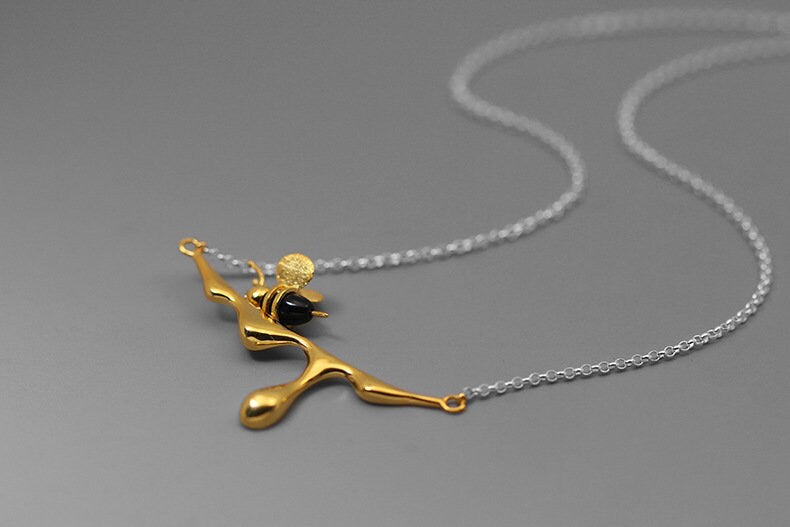 Honey And Bee Charm Necklace-Sterling Silver Honeybee Necklace-Yellow Bee-Honey Shape Pendant-Bee Jewelry-Gift for her cindysilverstudio