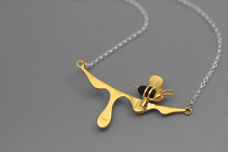 Honey And Bee Charm Necklace-Sterling Silver Honeybee Necklace-Yellow Bee-Honey Shape Pendant-Bee Jewelry-Gift for her cindysilverstudio