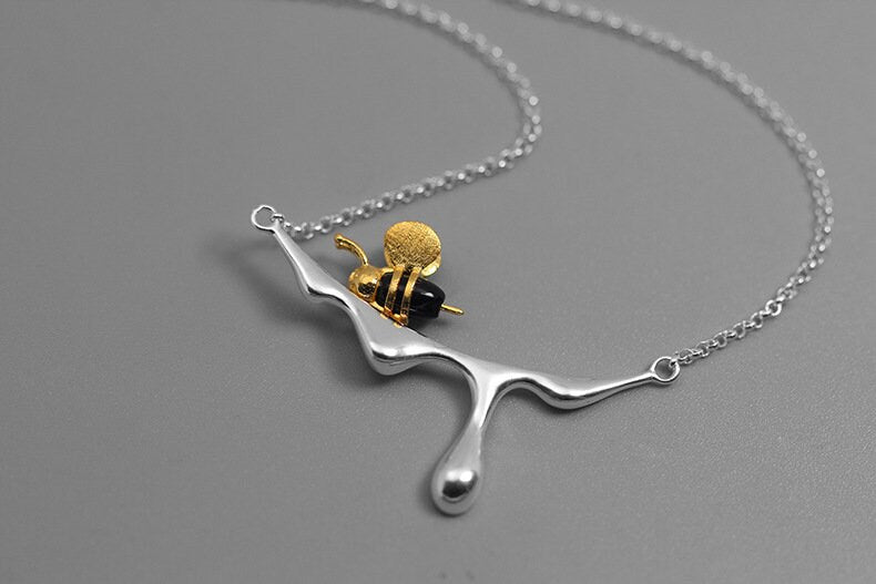 Honey And Bee Charm Necklace-Sterling Silver Honeybee Necklace-Yellow Bee-Honey Shape Pendant-Bee Jewelry-Gift for her cindysilverstudio