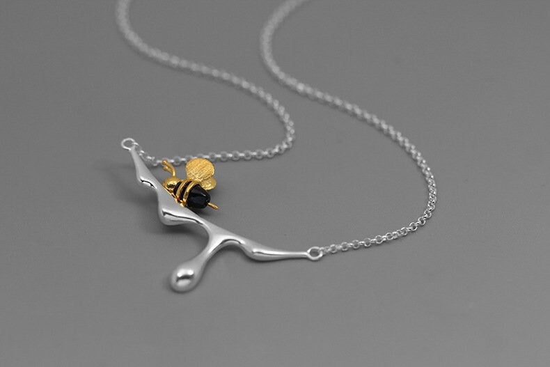 Honey And Bee Charm Necklace-Sterling Silver Honeybee Necklace-Yellow Bee-Honey Shape Pendant-Bee Jewelry-Gift for her cindysilverstudio