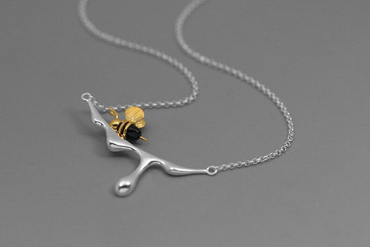 Honey And Bee Charm Necklace-Sterling Silver Honeybee Necklace-Yellow Bee-Honey Shape Pendant-Bee Jewelry-Gift for her cindysilverstudio