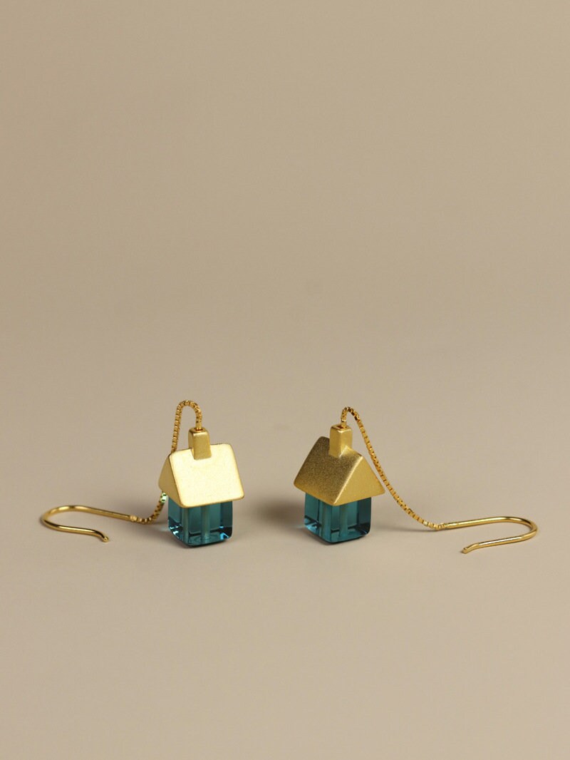 House Earrings-Sterling Silver Little House Tassel Chain Earring-Silver Gold Roof-Dainty Silver Jewelry-Gift for her cindysilverstudio