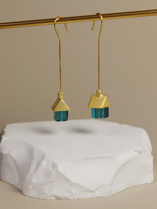 House Earrings-Sterling Silver Little House Tassel Chain Earring-Silver Gold Roof-Dainty Silver Jewelry-Gift for her cindysilverstudio