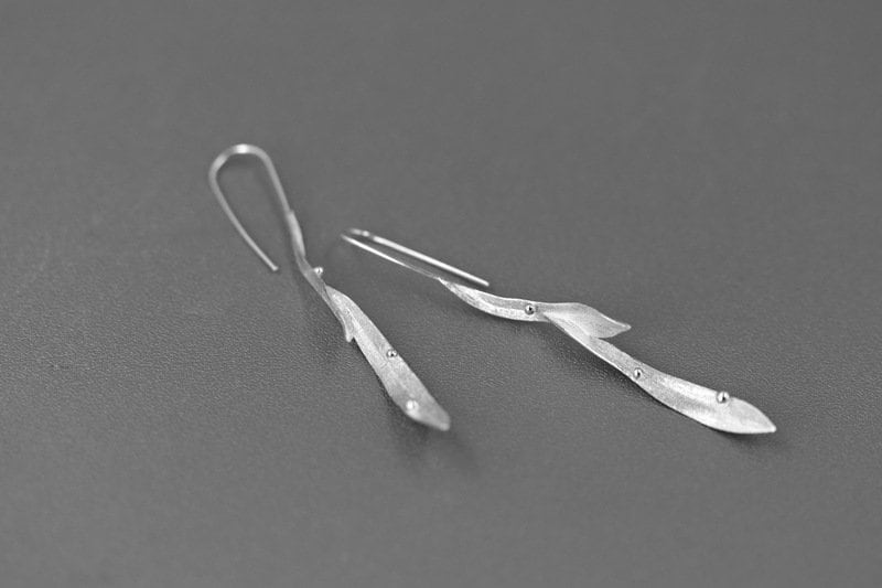 Long Leaf Earrings-Sterling Silver Long Leaf Hook Earrings-Dew Drop on grass-Silver Leaf Jewelry-Gift for her cindysilverstudio