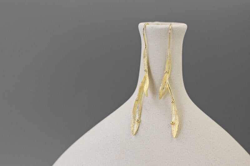 Long Leaf Earrings-Sterling Silver Long Leaf Hook Earrings-Dew Drop on grass-Silver Leaf Jewelry-Gift for her cindysilverstudio