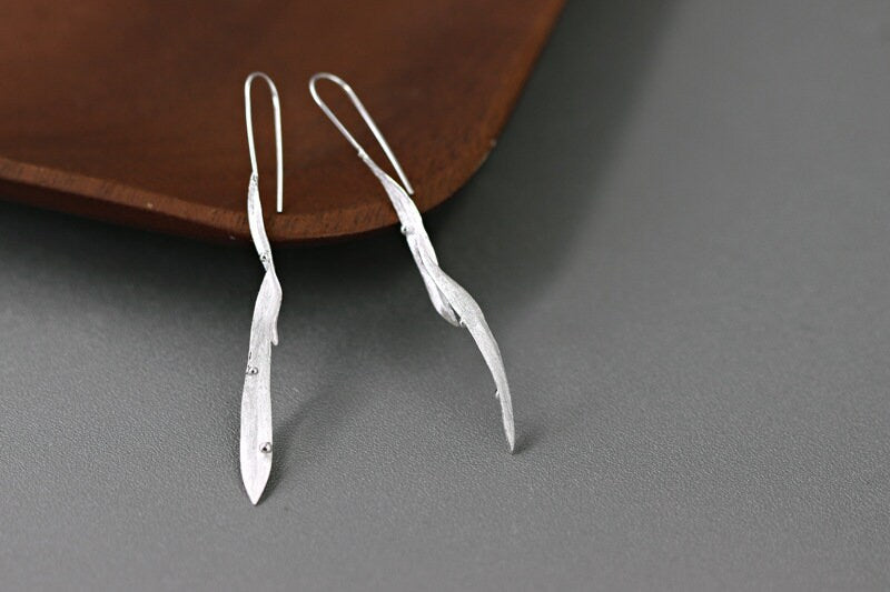 Long Leaf Earrings-Sterling Silver Long Leaf Hook Earrings-Dew Drop on grass-Silver Leaf Jewelry-Gift for her cindysilverstudio