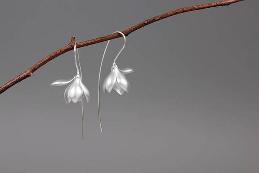 Magnolia Flower Earring-Sterling Silver Flower Charm Dangle-Real Flower-Glossy Twig-Magnolia Jewelry-Gift for her cindysilverstudio