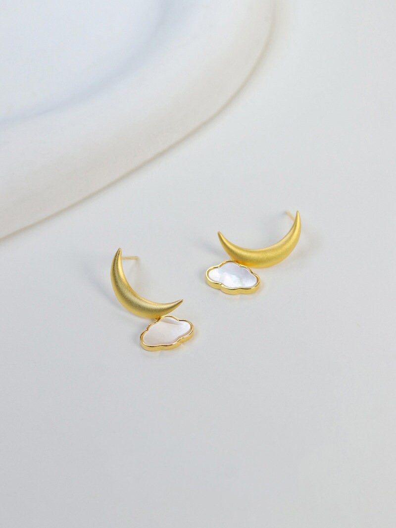 Moon Cloud Earrings-Sterling Silver Crescent Cloud Stud Earrings-Gold Crescent-Fashion Silver Jewelry-Gift for her cindysilverstudio