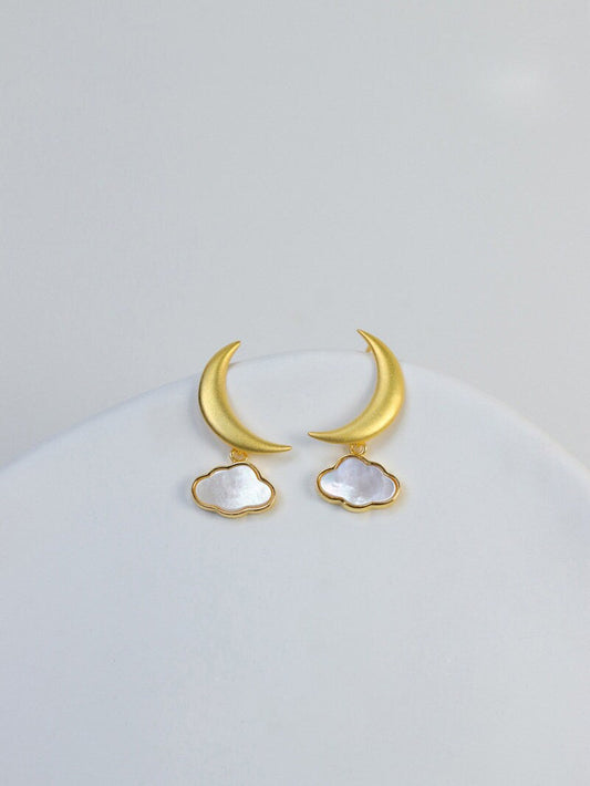 Moon Cloud Earrings-Sterling Silver Crescent Cloud Stud Earrings-Gold Crescent-Fashion Silver Jewelry-Gift for her cindysilverstudio