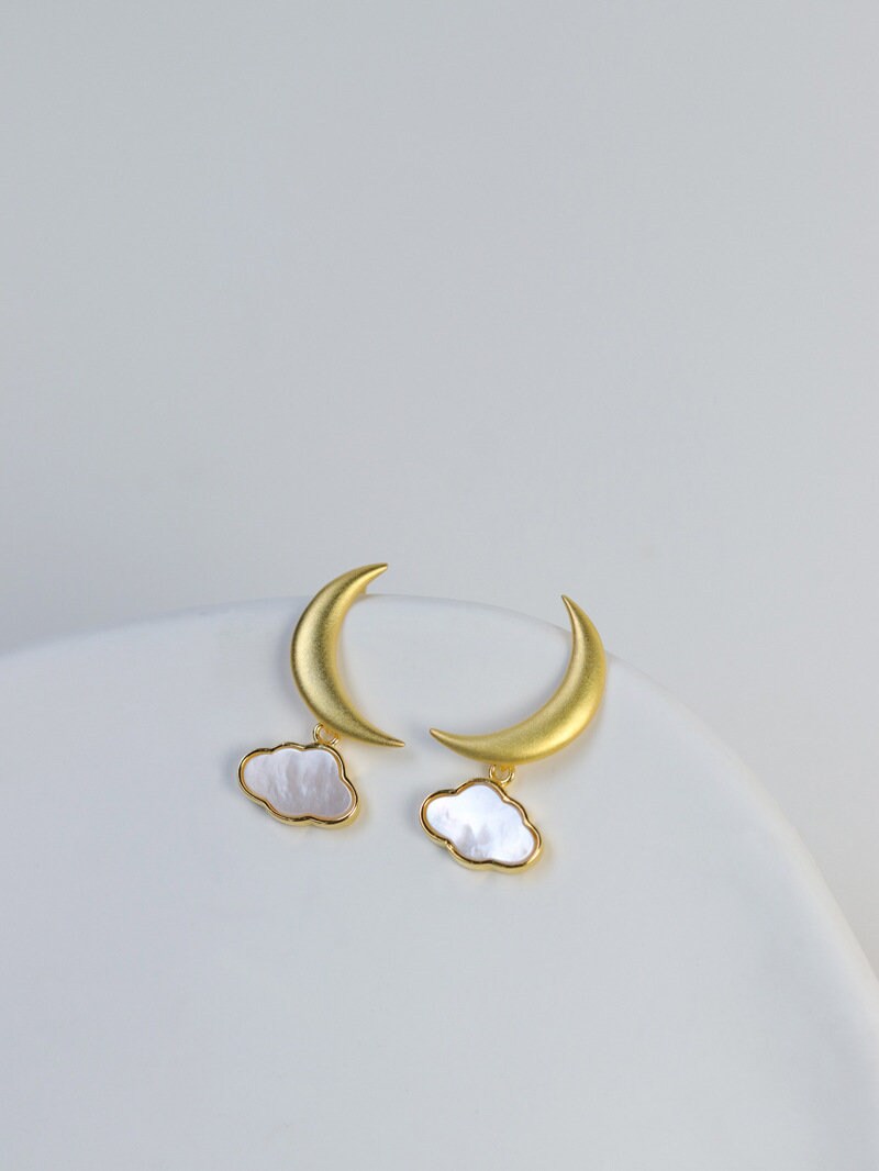 Moon Cloud Earrings-Sterling Silver Crescent Cloud Stud Earrings-Gold Crescent-Fashion Silver Jewelry-Gift for her cindysilverstudio