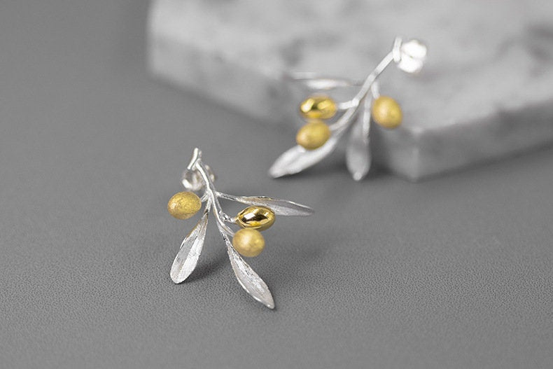 Olive Leaf Branch Earrings-Sterling Silver Olive Twig Stud Earrings-Gold Fruit-Silver Plant Jewelry-Gift for her cindysilverstudio